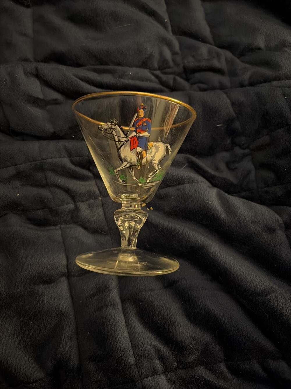 Vintage Napoleonic Soldier Horseman Gold Rimmed Cocktail Glass